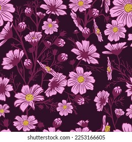 Cosmos flower seamless pattern On a dark background. Vector illustration