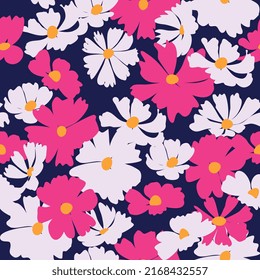 Cosmos flower seamless pattern vector illustration. Floral seamless pattern, pink and white cosmos flowers on dark background. Cosmos bipinnatus flowers. Multi-colored cosmos.