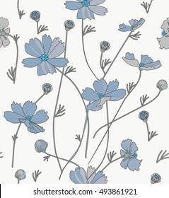 Cosmos flowers in blue and gray a seamless pattern on a white background.