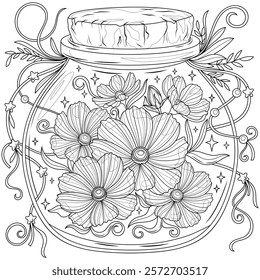 Cosmos flowers in a jar.Coloring book antistress for children and adults. Illustration isolated on white background. Hand draw