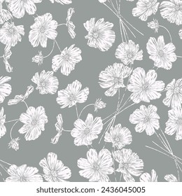 
 Cosmos flowers on a gray background. Hand drawn floral seamless pattern. Vector design.