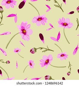 Cosmos Flowers on Yellow Background-Flowers in Bloom, seamless repeat pattern