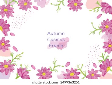 Cosmos flowers painted in watercolors. Hand-drawn soft frame material. Autumn flowers