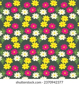 Cosmos flowers pattern on green background.