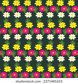 Cosmos flowers pattern on green background.