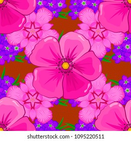 Cosmos flowers seamless pattern in magenta, pink and orange colors. Cute vector floral background.