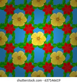 Cosmos flowers seamless pattern on a blue background. Cute vector floral background.