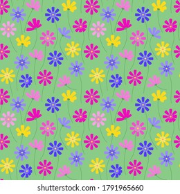 Cosmos flowers. Seamless vector pattern. Abstract flower pattern for packaging, design, wallpaper, fabric. Cosmos on a green background.