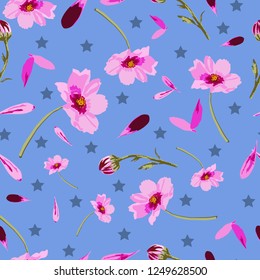 Cosmos Flowers and Stars -Flowers in Bloom, seamless repeat pattern