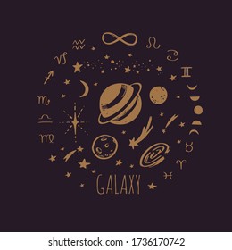 Cosmos, Galaxy, Solar system planets vector illustration. Astrology and magic concept. Saturn, moon phases, zodiac. Night starry sky