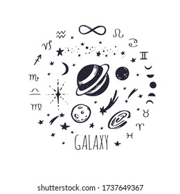 Cosmos, Galaxy, Solar system planets vector illustration. Astrology and magic concept. Saturn, moon phases, zodiac. Night starry sky