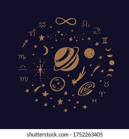 Cosmos, Galaxy, Solar system planets vector illustration. Astrology and magic concept. Saturn, moon phases, zodiac. Night starry sky
