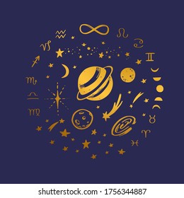 Cosmos, Galaxy, Solar system planets vector illustration. Astrology and magic concept. Saturn, moon phases, zodiac. Night starry sky