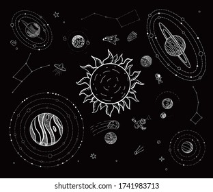 Cosmos hand drawn doodle set white on black background. Isolated transparent. Vector illustration. 