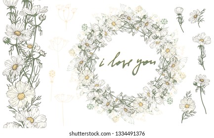 cosmos and herbs hand drawn floral set with  circle frame seamless border and isolated elements with lettering i love you vector
