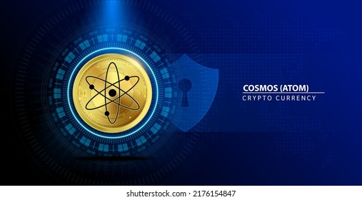 Cosmos Hub (ATOM) Münzgold. Kryptowährungsblockkette. Zukünftiges Konzept der digitalen (Krypto-Währung) Währungsumtauschtechnologie. Auf blauem Hintergrund. 3D-Vektorgrafik.