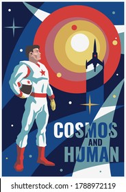 Cosmos and Human Retro Soviet Space Poster Style, Cosmonaut, Space Rocket, Solar System Mosaic Background 