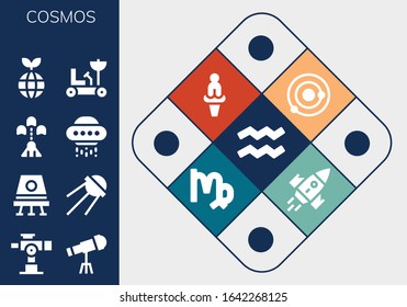 cosmos icon set. 13 filled cosmos icons. Included Aquarius, Telescope, Space capsule, Sputnik, Spaceship, Ufo, Planet, Moon rover, Solar system, Venus, Virgo, Rocket icons