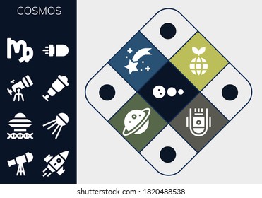 cosmos icon set. 13 filled cosmos icons. Included Solar system, Telescope, Rocket, Ancient aliens, Sputnik, Spyglass, Virgo, Missile, Planet, Shooting star, Space capsule icons