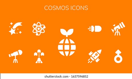 cosmos icon set. 9 filled cosmos icons. Included Planet, Spaceship, Solar system, Telescope, Shooting star, Mars, Rocket, Missile icons