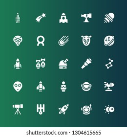 cosmos icon set. Collection of 25 filled cosmos icons included Eclipse, Astronaut, Rocket, Uranus, Telescope, Venus, Alien, Ursa major, Observatory, Missile, Saturn, Meteorite