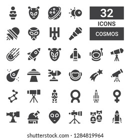 cosmos icon set. Collection of 32 filled cosmos icons included Rocket, Missile, Telescope, Alien, Observatory, Venus, Comet, Ursa major, Shooting star, Astronaut, Ufo, Asteroid
