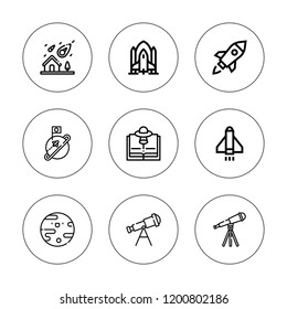 Cosmos icon set. collection of 9 outline cosmos icons with meteor, planet, spaceship, rocket, ufo icons. editable icons.