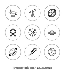 Cosmos icon set. collection of 9 outline cosmos icons with comet, planet, saturn, rocket, ufo, telescope, universe icons. editable icons.