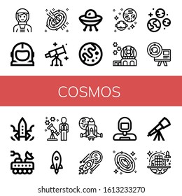 cosmos icon set. Collection of Astronaut, Space suit, Space, Stargazing, Ufo, Mars, Universe, Observatory, Planets, Astronomy, Rocket, Moon rover, Spaceship, Galaxy, Telescope icons