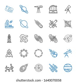 cosmos icons set. Collection of cosmos with jupiter, meteorites, solar system, meteorite, mars rover, telescope, asteroid, moon phases, rocket. Editable and scalable cosmos icons.