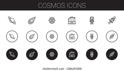 cosmos icons set. Collection of cosmos with saturn, meteorite, nebula, observatory, astronaut, space shuttle. Editable and scalable cosmos icons.