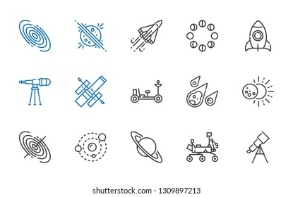 Cosmos Icons Set. Collection Of Cosmos With Telescope, Mars Rover, Saturn, Solar System, Black Hole, Eclipse, Meteorite, Moon Rover, Hubble Space Telescope. Editable And Scalable Cosmos Icons.