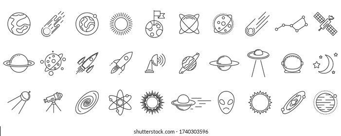 Cosmos icons set. Linear cosmos icons isolated. Vector illustration. Set of astronomy or space vector icons