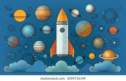 Cosmos icons with spaceship and planets. Retro poster with galaxy stars, rocket launch and clouds in sky. Set of universe elements, planets of solar system and space ship, vector illustration