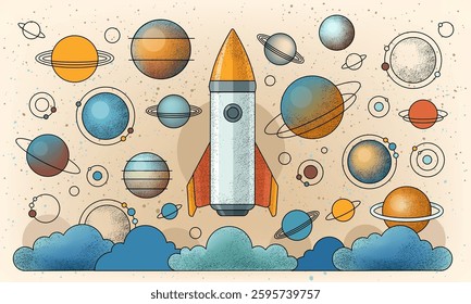 Cosmos icons with spaceship and planets. Retro poster with galaxy stars, rocket launch and clouds in sky. Set of universe elements, planets of solar system and space ship, vector illustration