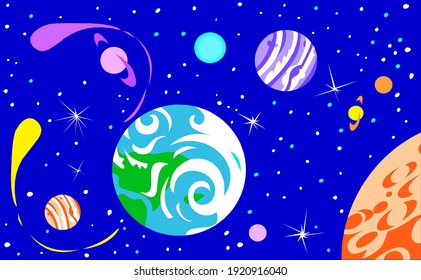 Cosmos illustration with planets, comets and stars in the galaxy 