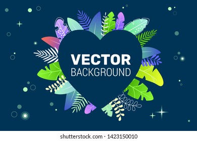 Cosmos illustration in trendy flat style on green blue background and bright gradient colors. Background for text in the form of dark heart. Space plants, leaves in colorful tones. For banner, poster
