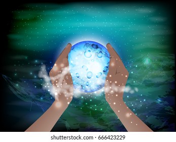Cosmos inside us concept. The hands hold the planet. Vector illustration for your design. Against the background of stars.