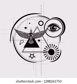 Cosmos mandala. Abstract composition of bird, stars, circle, all seeing eye and triangle. Stylised futuristic emblem. To be used for print t shirt, tattoo art, coloring book pages. Masonic symbol.