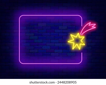 Cosmos neon announcement. Energy and electricity. Flying comet and empty purple frame. Firework concept. Sale and news. Greeting card. Copy space. Editable stroke. Vector stock illustration