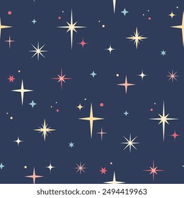 Cosmos night sky seamless pattern with abstract Y2K shapes. Colorful stars on navy blue background. Vector Illustration in flat style