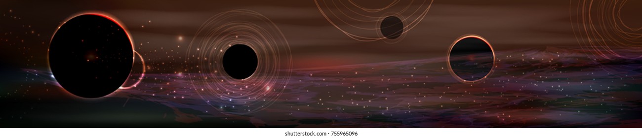 cosmos panorama. long horizontal vector image of a large size. dark planets. black silhouettes