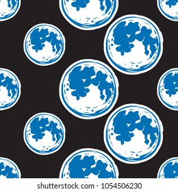 Cosmos patches seamless pattern design with moon in doodle style. Cute kids cosmic print on black blue background.