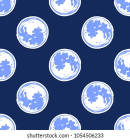 Cosmos patches seamless pattern design with moon in doodle style. Cute kids cosmic print on black blue background.