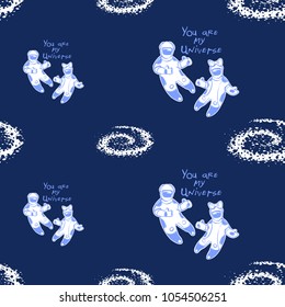Cosmos patches seamless pattern design with astronauts and galaxy spiral in doodle style. Cute kids cosmic print on black blue background.