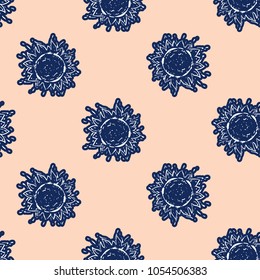 Cosmos patches seamless pattern design with sun in doodle style. Cute kids cosmic print on black blue beige background.