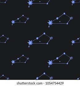 Cosmos patches seamless pattern design with asterism or constellation in doodle style. Cute kids cosmic print on black blue background.