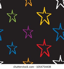 Cosmos patches seamless pattern design with little star in doodle style. Cute kids cosmic print colorful on black blue background.