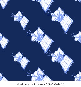 Cosmos patches seamless pattern design with modern satellite in doodle style. Cute kids cosmic print on black blue background.