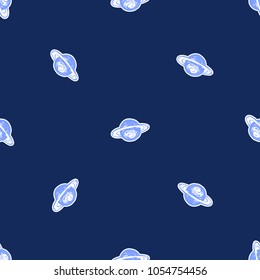 Cosmos patches seamless pattern design with saturn planet in doodle style. Cute kids cosmic print on black blue background.